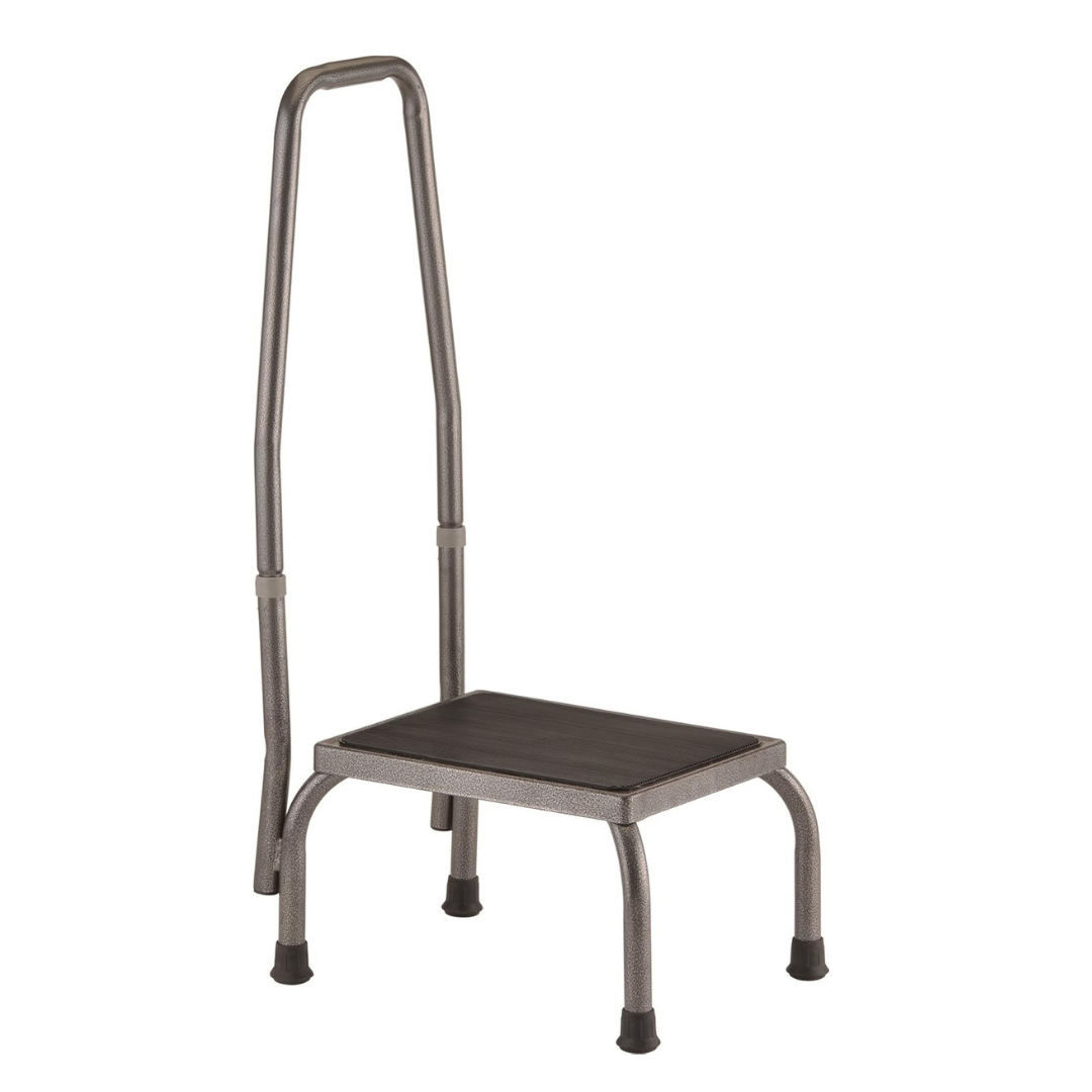 The Nova Medical Portable Step Stool - Pack of 2 features a durable steel base, four legs with rubber feet for stability, a black rectangular platform, and a tall security handle for added support.